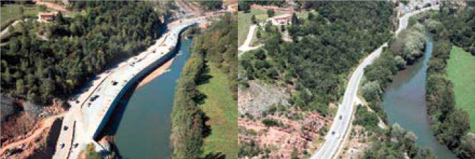 Vistas panorámicas río Ter antes y después de la ejecución del Muro 13.5.
