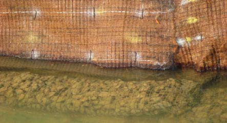Detalle de los gaviones y la fibra de coco extendida sobre la geomalla.