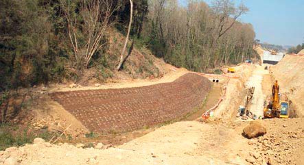 Protecting the slope with geogrids.