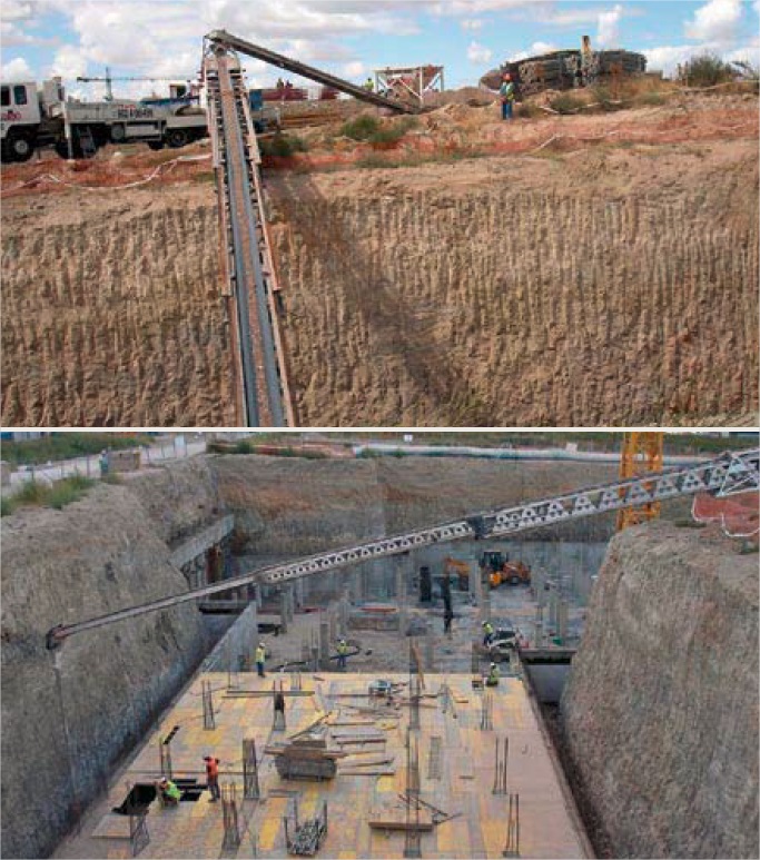 On site placing of the material in basements 2 and 3, using a hopperfed conveyor belt in coiled tubing.