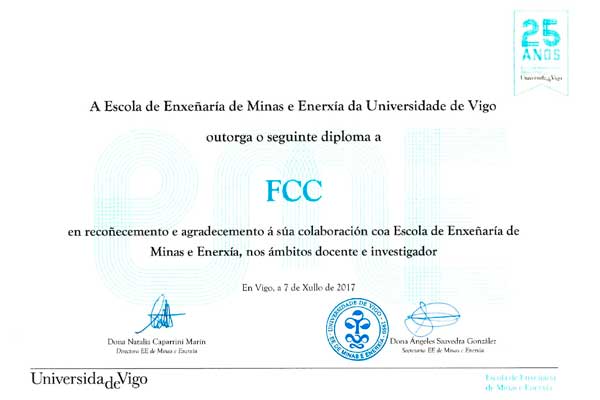 FCC Construcción recibe un reconocimiento por parte de Escuela de Ingeniería de Minas y Energía de Vigo