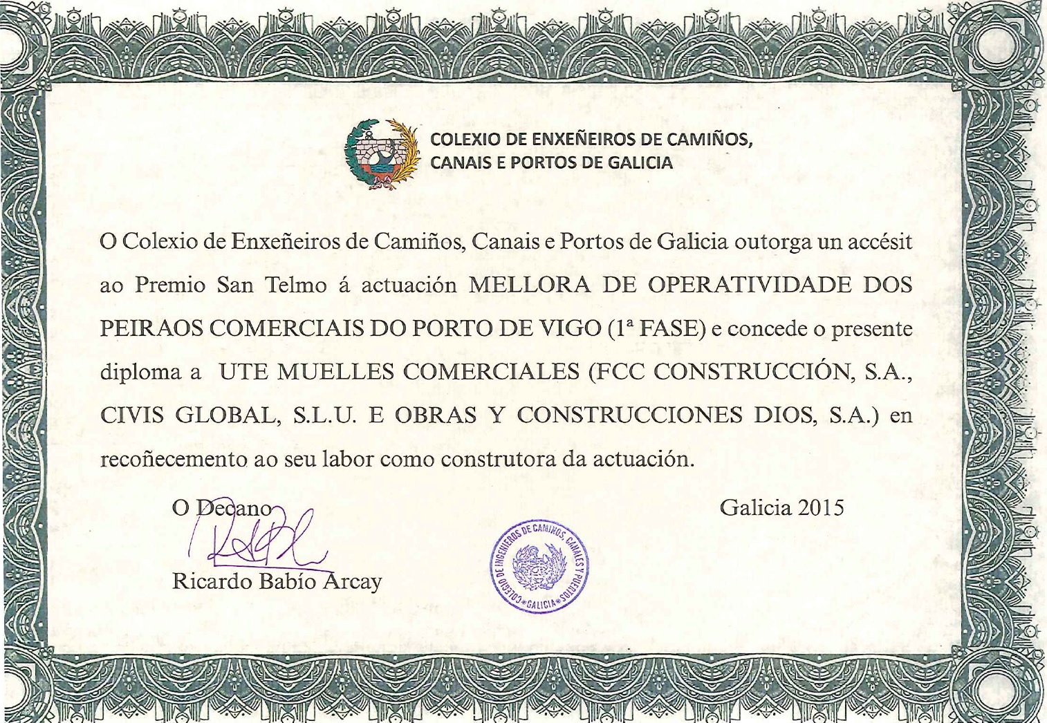 FCC Construcción ha sido galardonado con un áccesit por la mejora de la operatividad de los muelles comerciales de Vigo