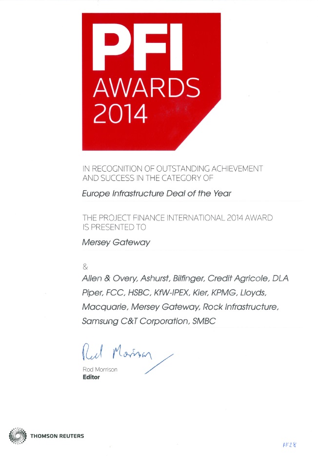 FCC recibe el premio PFI “Infraestructura Europea del año 2014” por el puente de Mersey